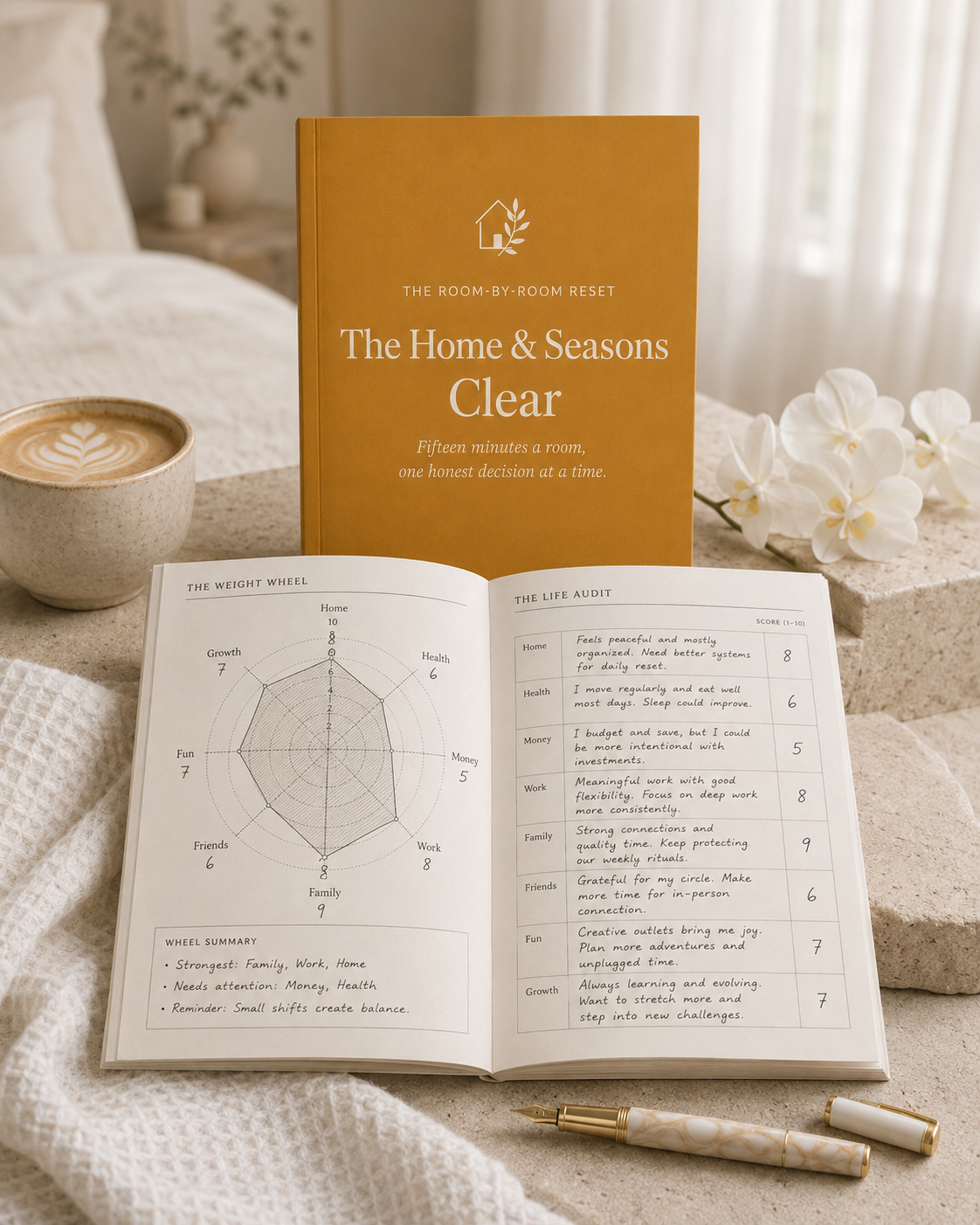 The Home & Seasons Clear workbook open on a desk