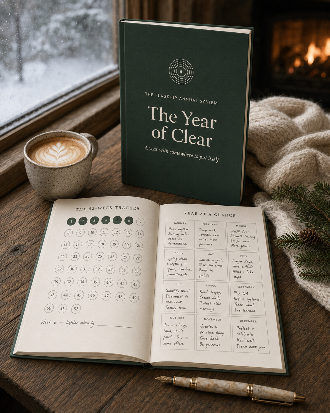 The Year of Clear workbook open on a desk