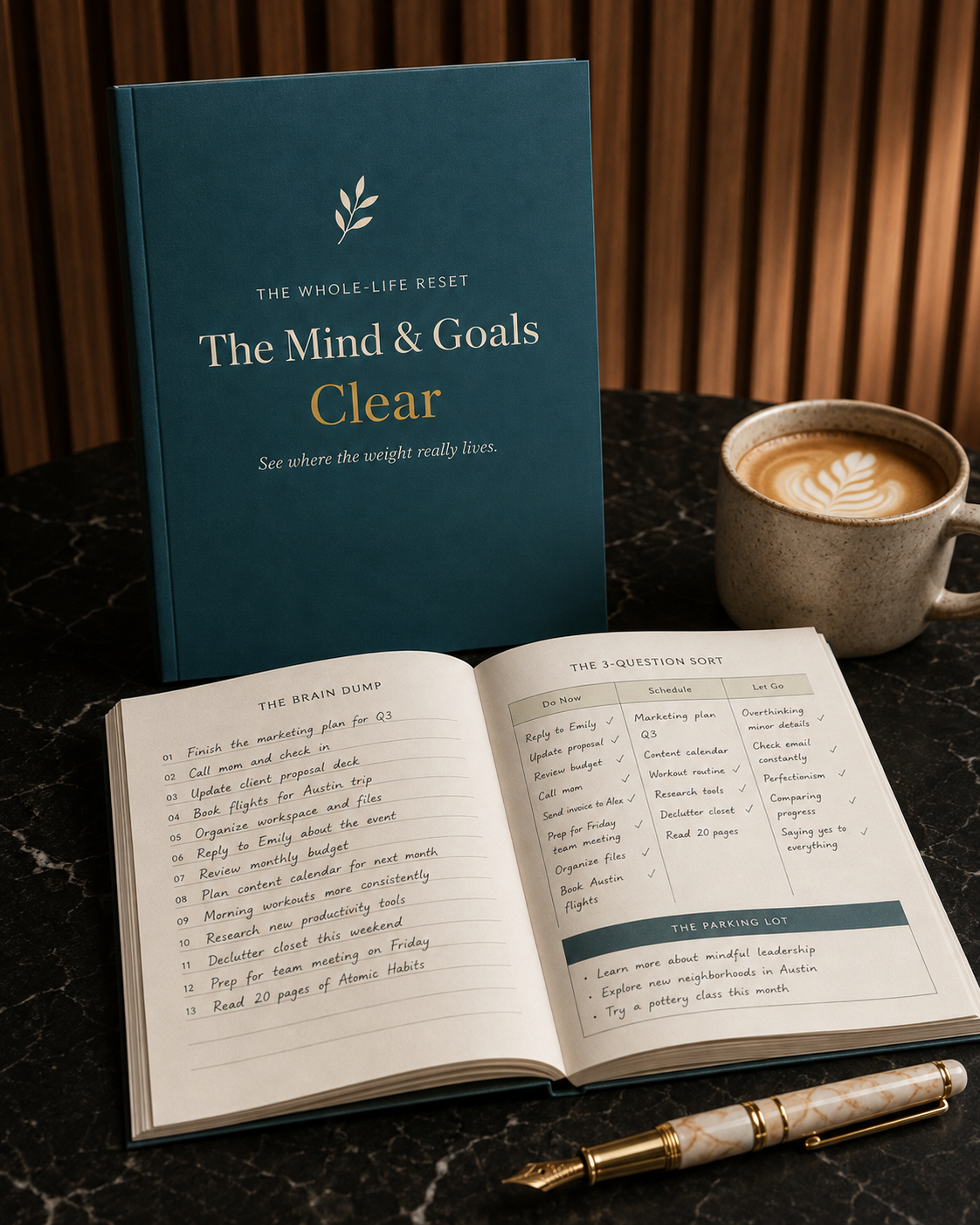 The Mind & Goals Clear workbook open on a desk
