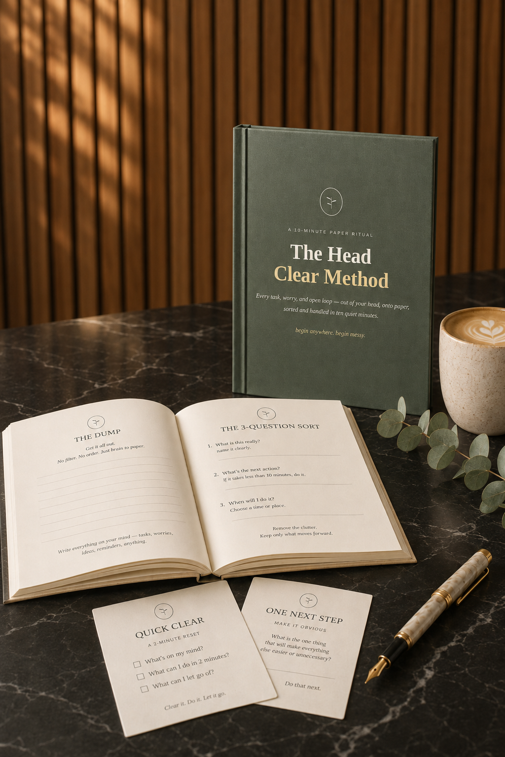 The green Head Clear Method book on a black marble table with an open workbook, cards, latte, and gold pen